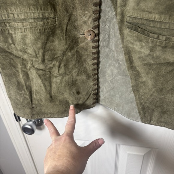 GIORGIO MOBIANI Womens Suede Leather Overcoat 14 Large Green Brown Patchwork Vtg - Picture 2 of 10